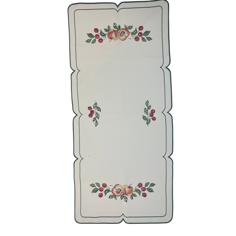 Table Runner Cream Embroidered Fruit Apple Cherry‎ Scalloped Country Farmhouse